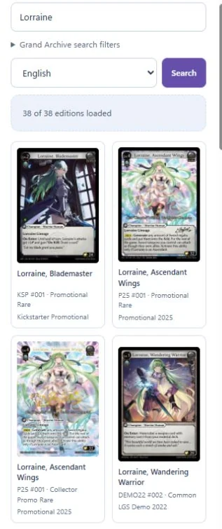 Grand Archive card search for Lorraine showing 38 editions including promotional printings