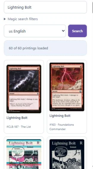 Magic card search for Lightning Bolt showing 60 printings