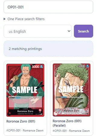 One Piece card search showing regular and parallel Roronoa Zoro cards