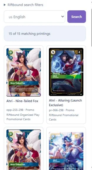 Riftbound card search showing Ahri standard and promotional printings