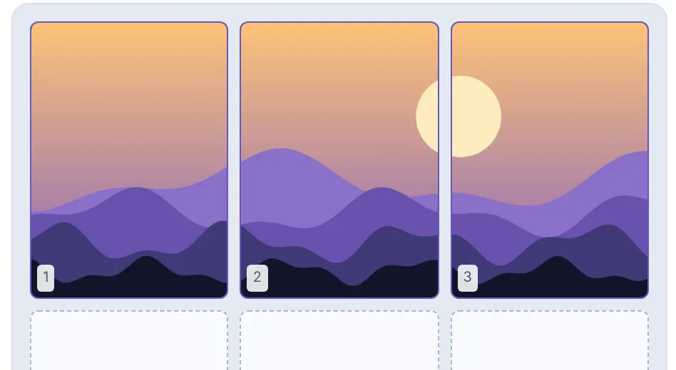 Three selected pockets in the top row showing one landscape picture split across them