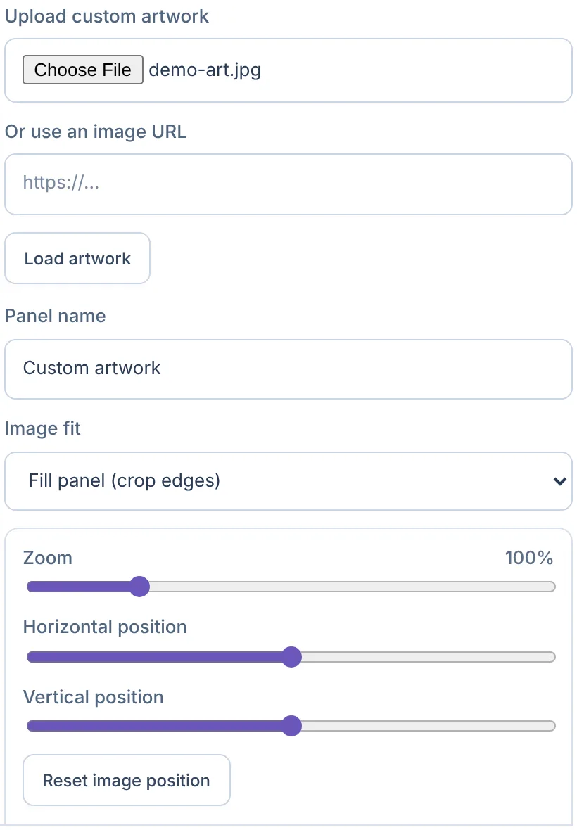 Artwork upload, image fit, zoom and position controls in Michi Mode