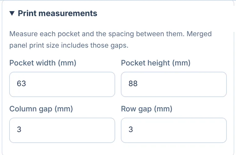 Print measurements: pocket width 63 mm, pocket height 88 mm, column gap 3 mm, row gap 3 mm