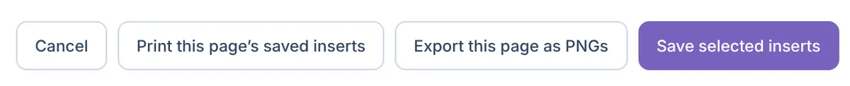 Michi Mode buttons: Cancel, Print this page's saved inserts, Export this page as PNGs, Save selected inserts