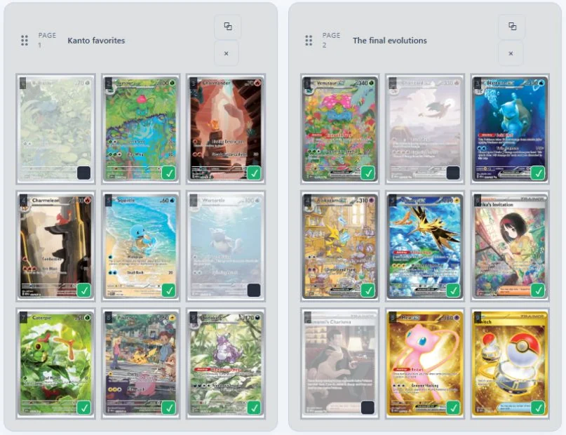 An organized Pokémon binder spread