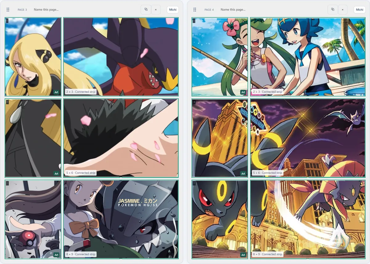 A binder spread in binder.studio with one illustration split across several pockets next to cards